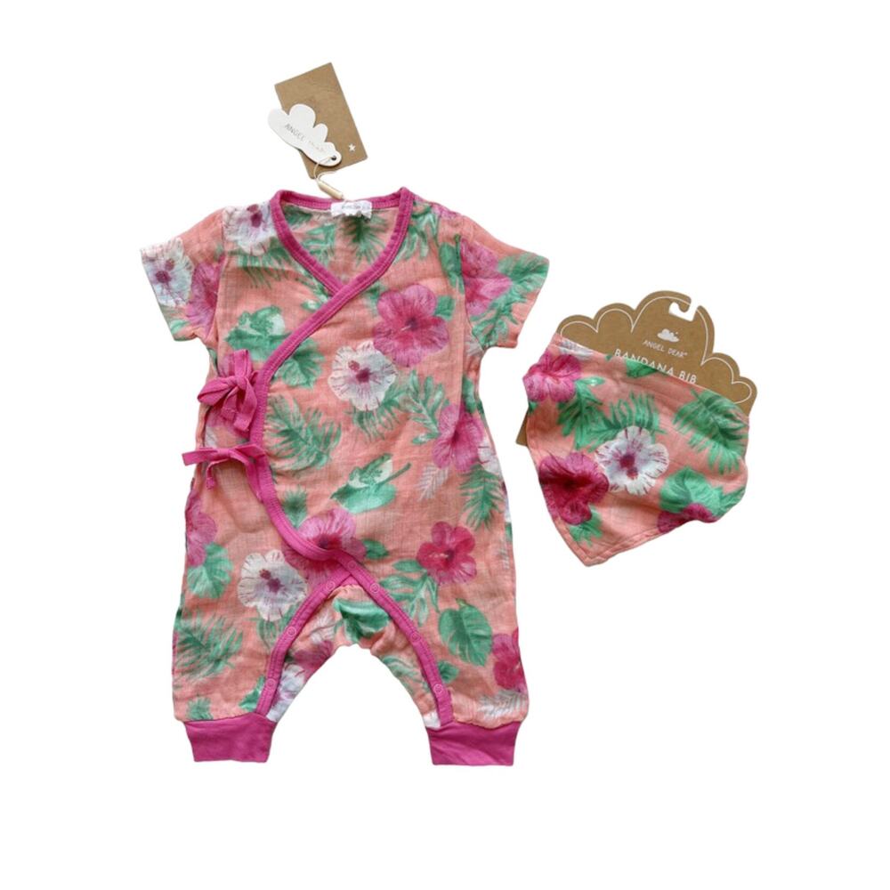 NWT Angel Dear Tropical Wrap Romper + Bib Set Size 0-3m